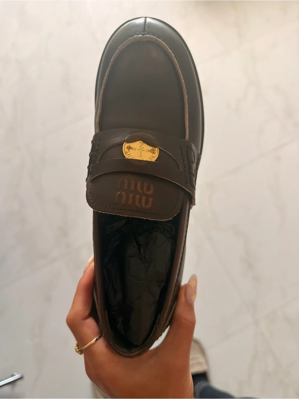 Miu Miu Dark Brown Leather Loafers with Gold Crest % AUTHENTIC